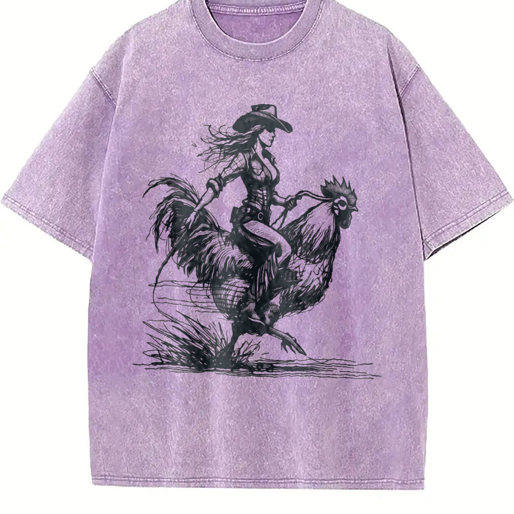 Funny Cowgirl Riding Chicken 90s Vintage Washed T-Shirt product image 6
