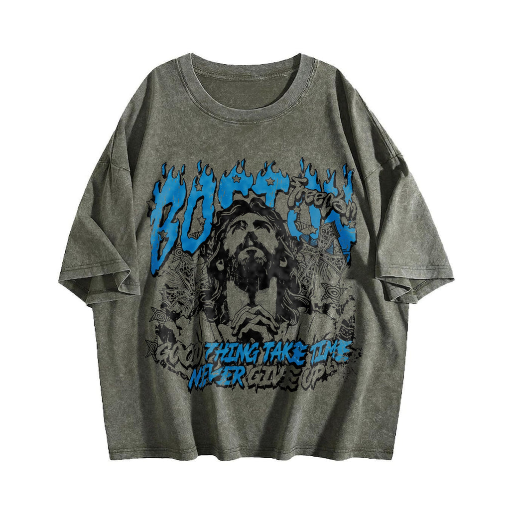 Boston Jesus Cross White Grunge Vintage Washed T-Shirt product image 4