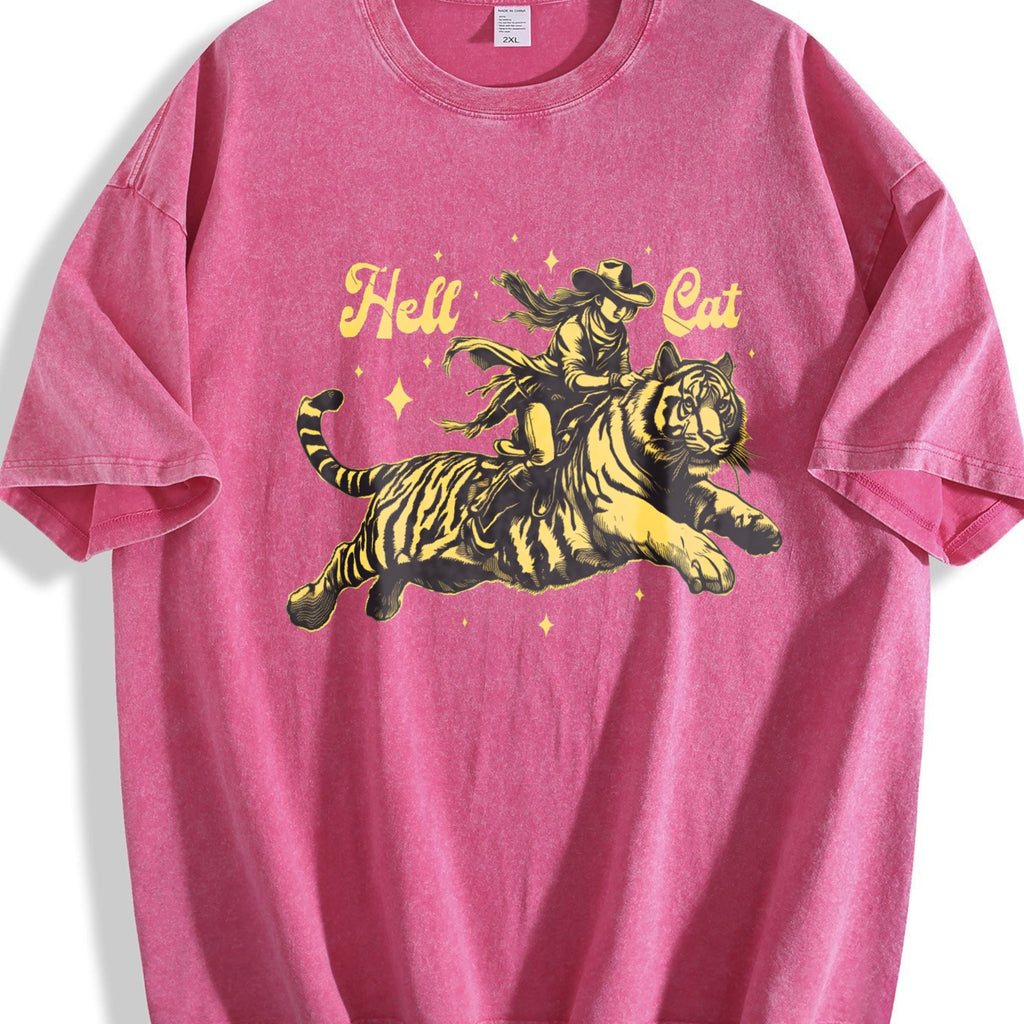 Hell Cat Cowgirl Riding Tiger Vintage Washed T-Shirt product image 7