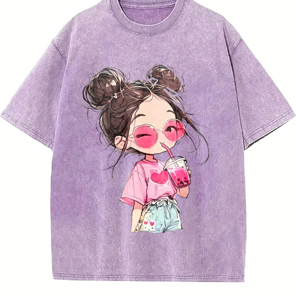 Messy Bun Girl with Pink Drink Vintage Washed T-Shirt product image 6