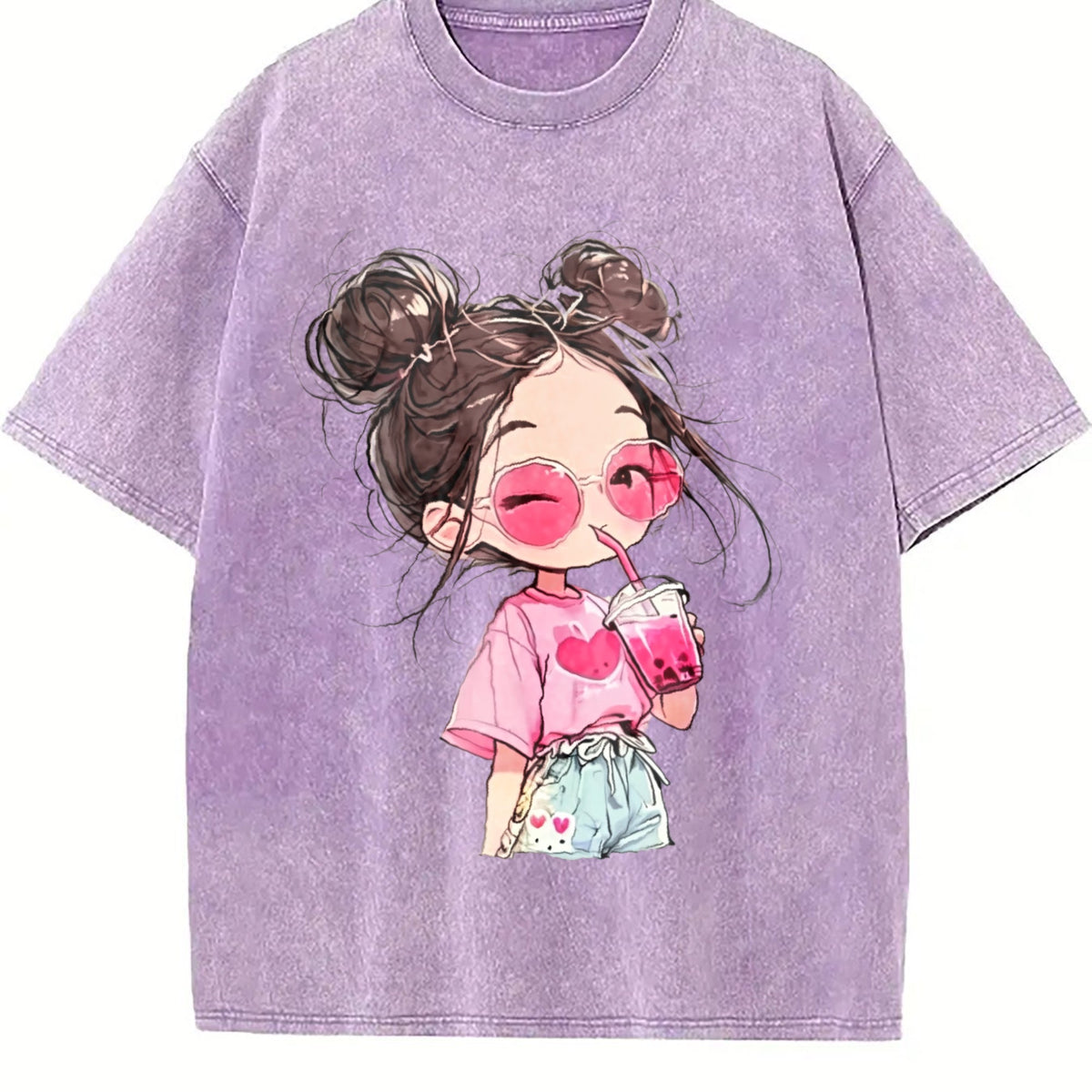 Messy Bun Girl with Pink Drink Vintage Washed T-Shirt product image 6
