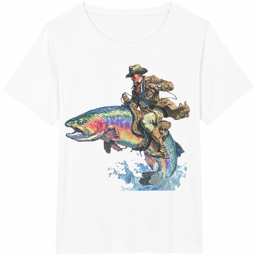 Cowboy Riding Rainbow Trout Cotton T-Shirt product image 2