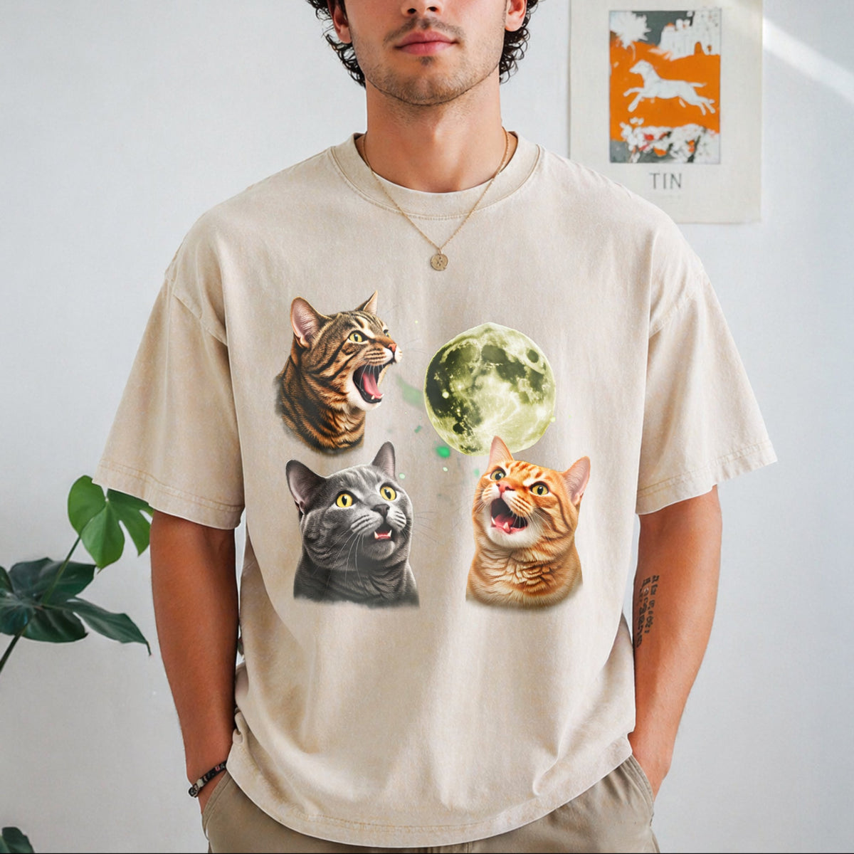 Three Cats Moon Vintage Washed T-Shirt product image 1