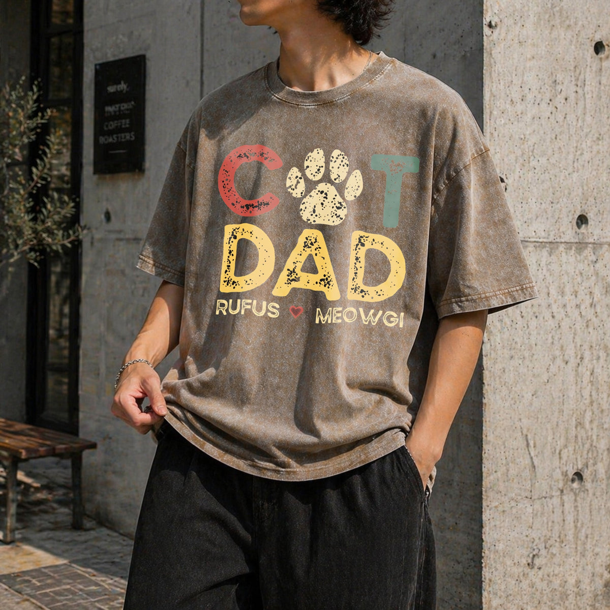 Cat Dad With Pet Names Vintage Washed T-Shirt product image 3