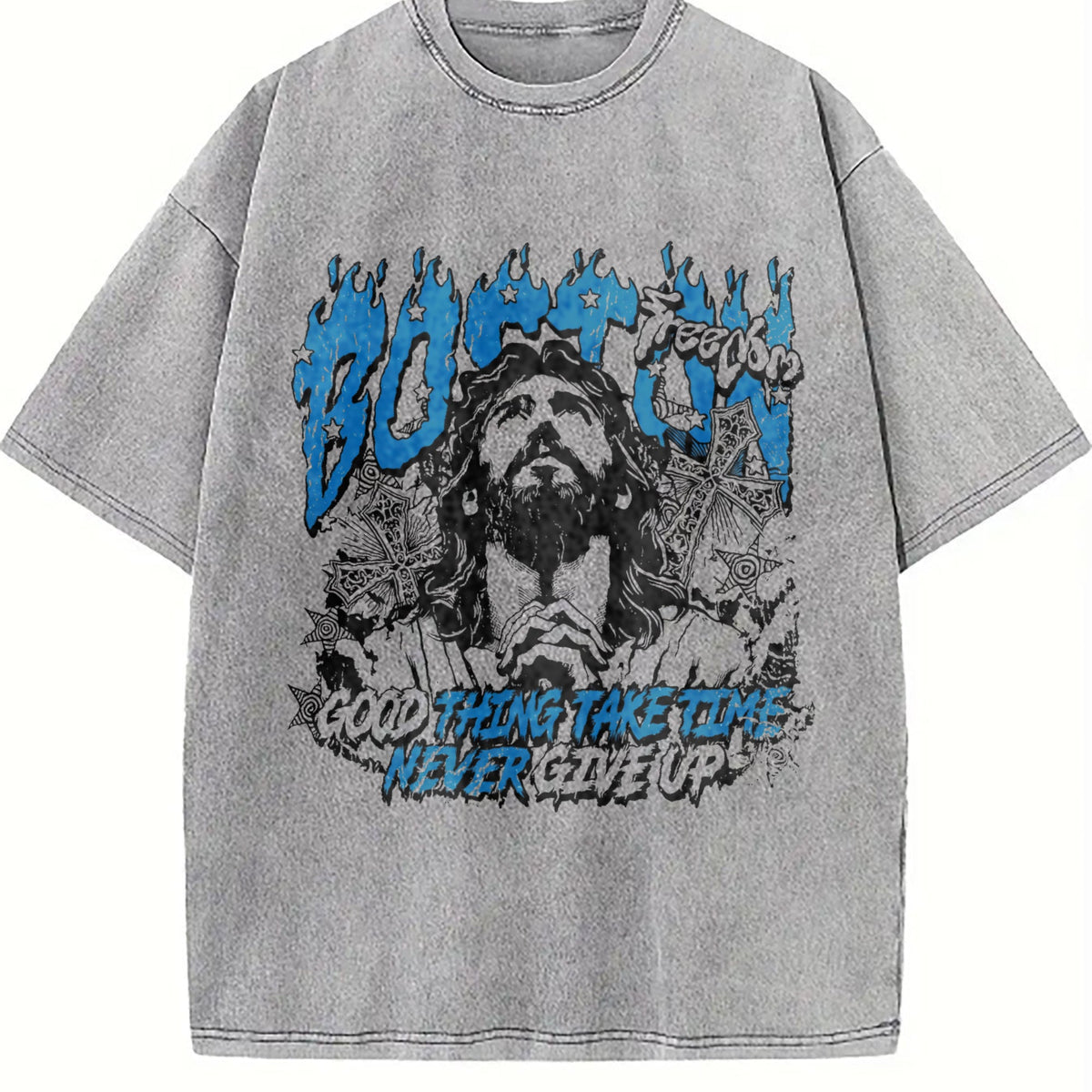 Boston Jesus Cross White Grunge Vintage Washed T-Shirt product image 5