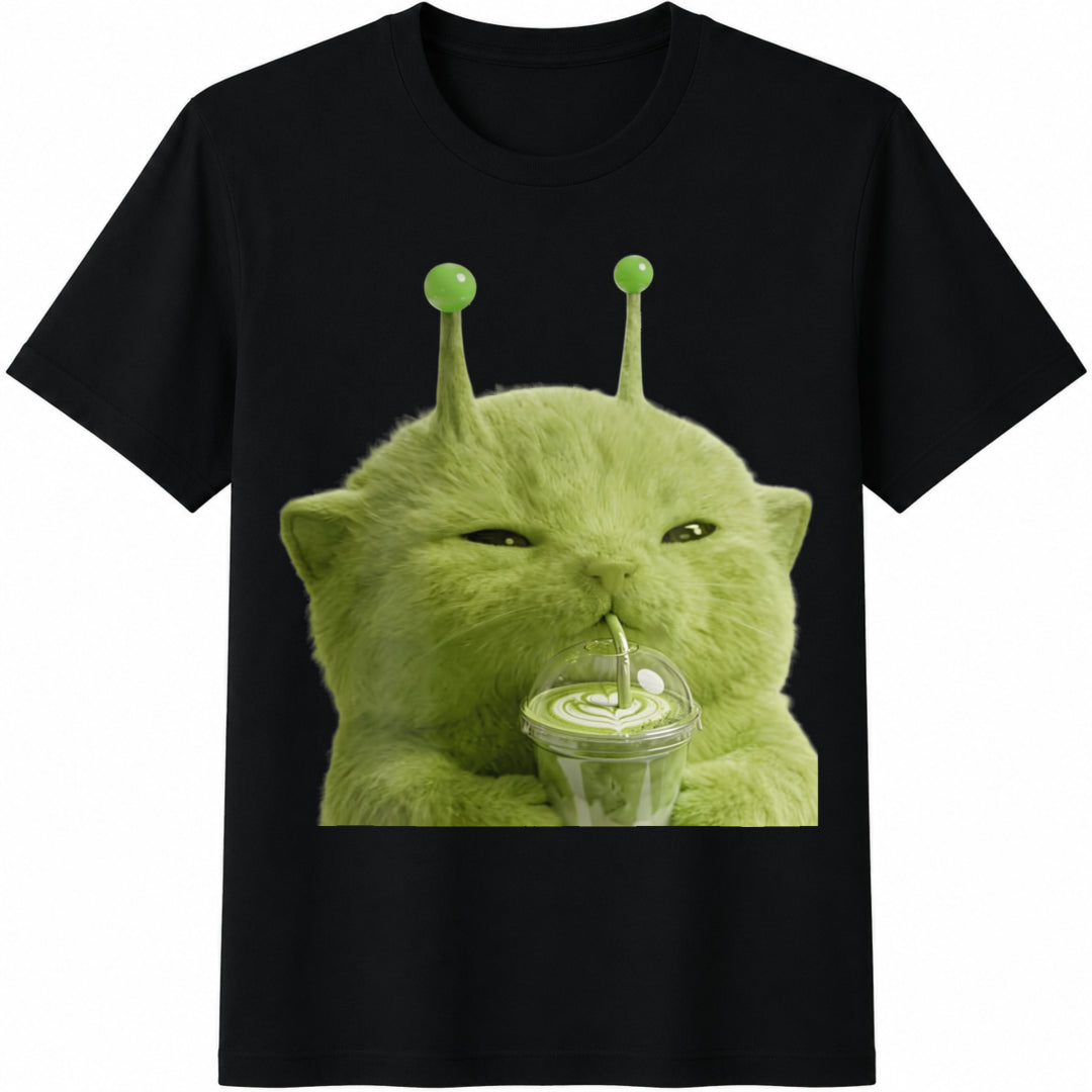 Alien Cat Matcha Cotton T-Shirt product image 1