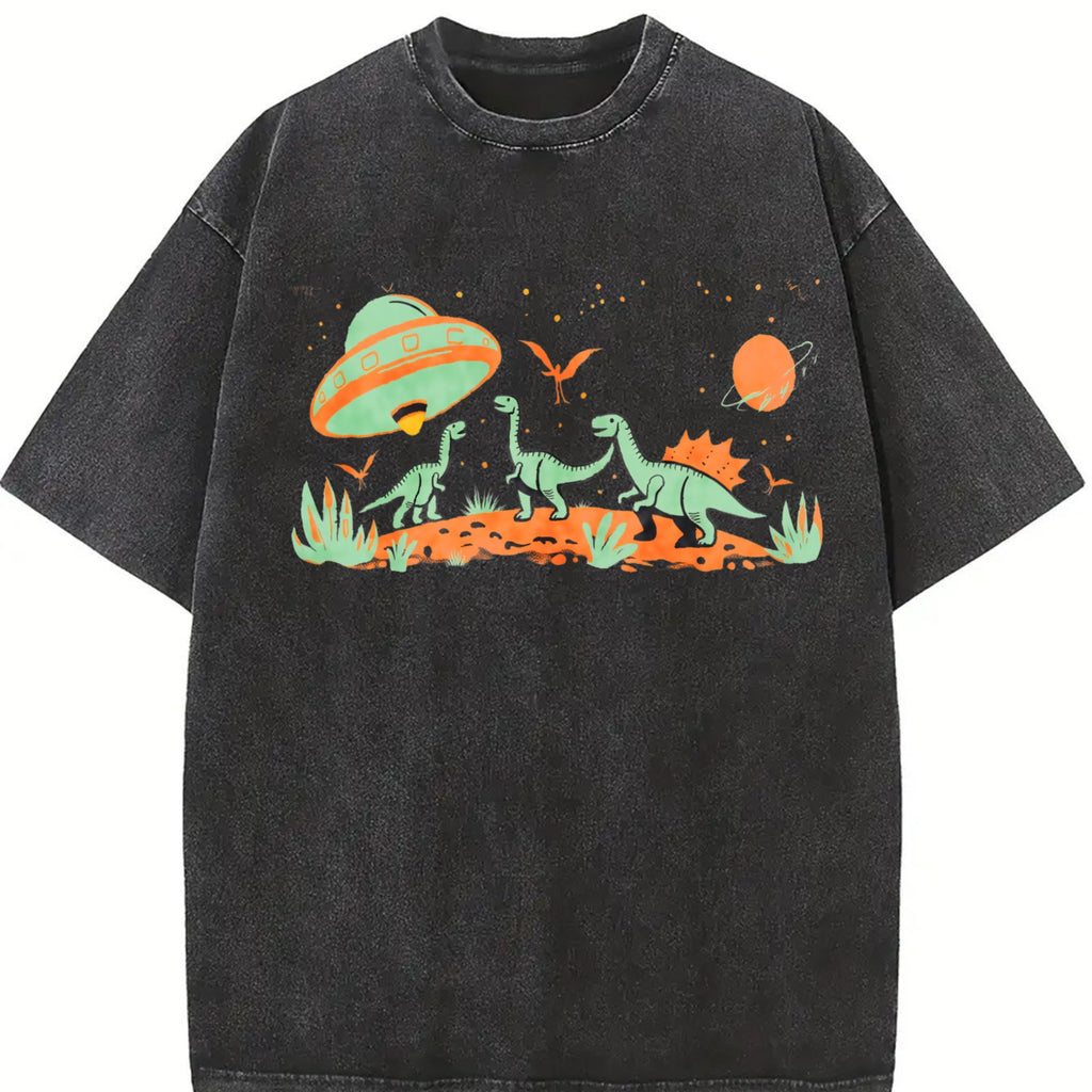 UFO Alien Abduction Dinosaur Vintage Washed T-Shirt product image 2