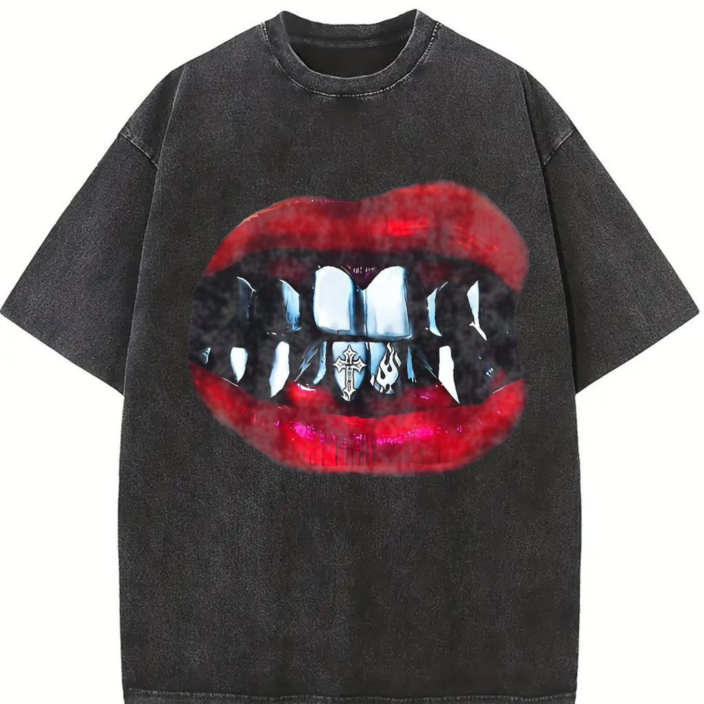 Gothic Vampire Lips Fangs Vintage Washed T-Shirt product image 2