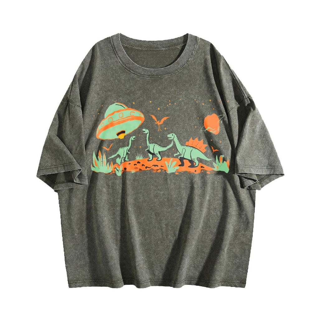 UFO Alien Abduction Dinosaur Vintage Washed T-Shirt product image 4