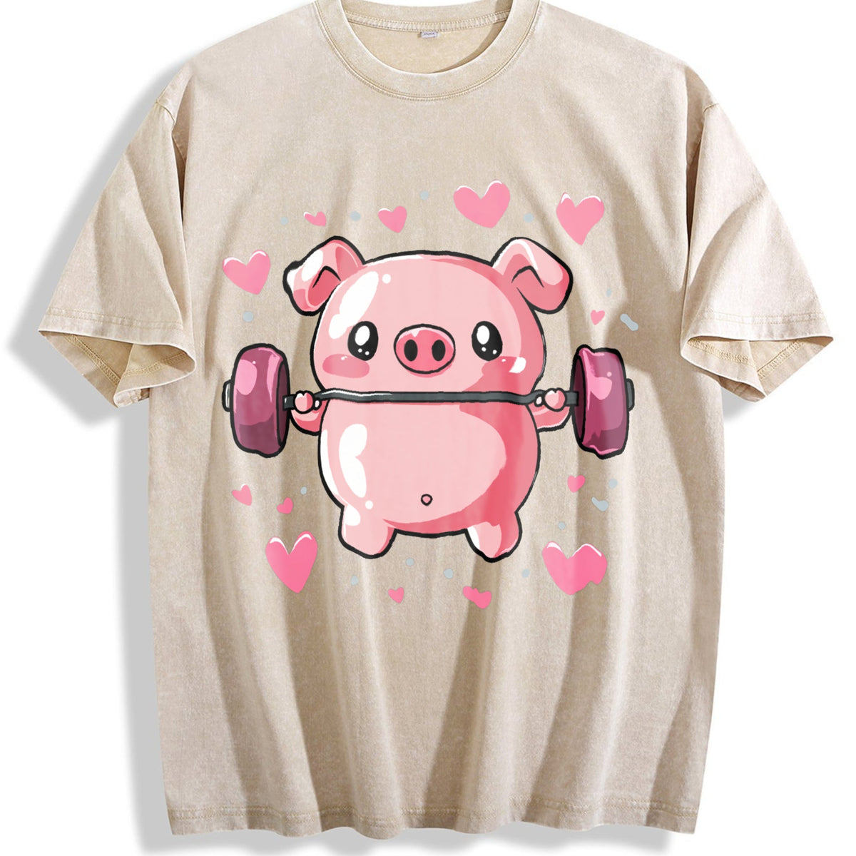 Cute Pig Lifting Barbell Heart Vintage Washed T-Shirt product image 1