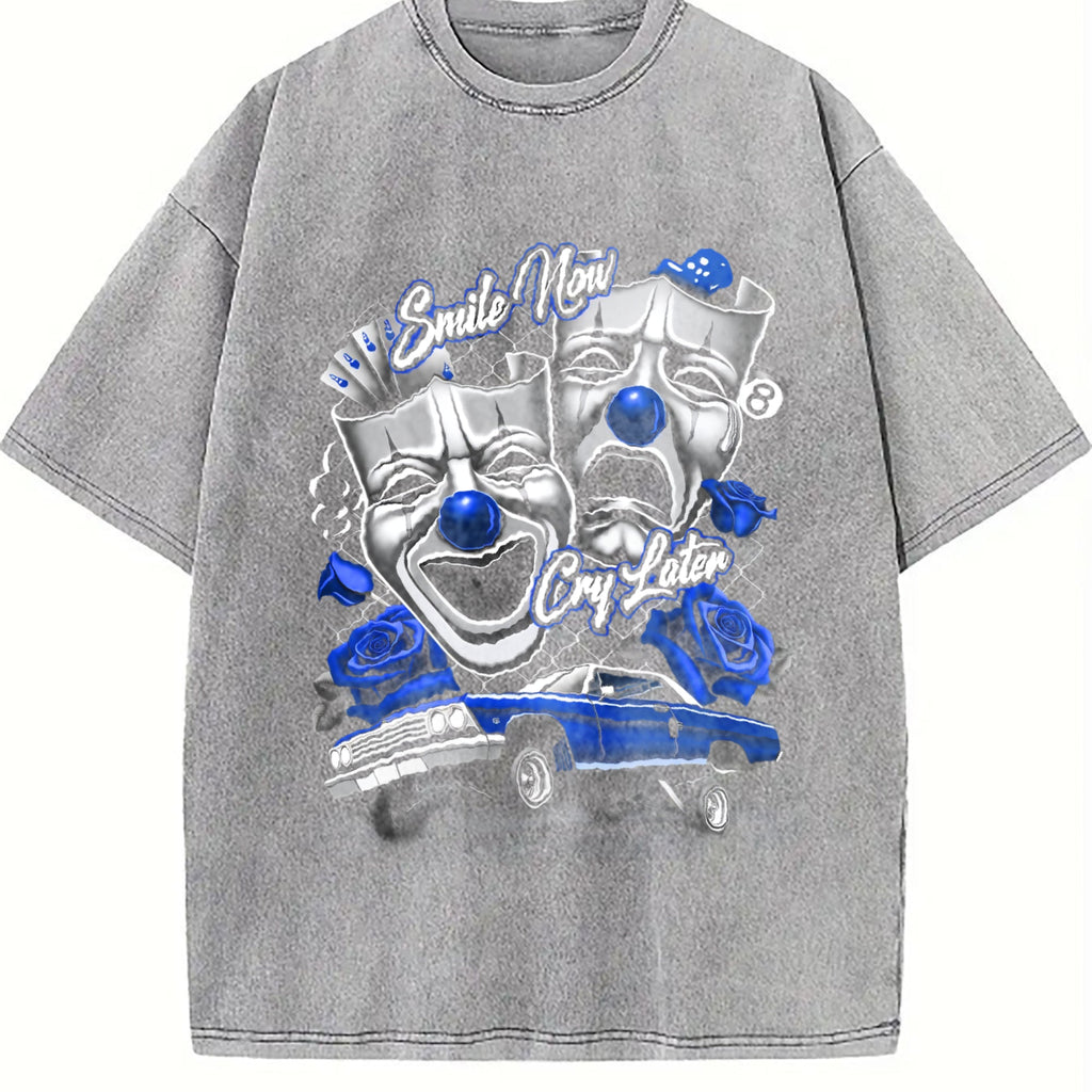 Blue Smile Now Cry Later Silk Screen Vintage Washed T-Shirt product image 5