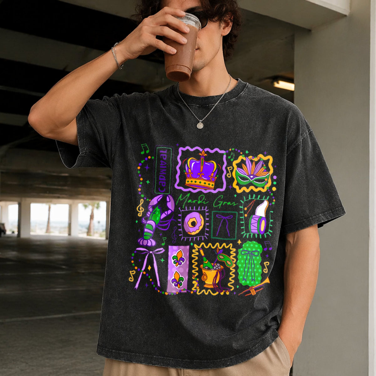 Mardi Gras Doodle Icons Vintage Washed T-Shirt product image 9