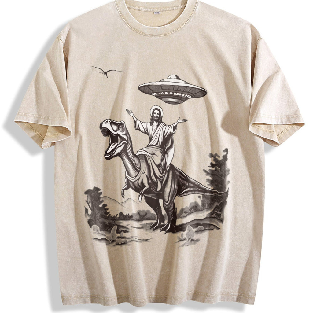 Jesus Riding Dinosaur Under UFO Funny Religious Vintage product image 1