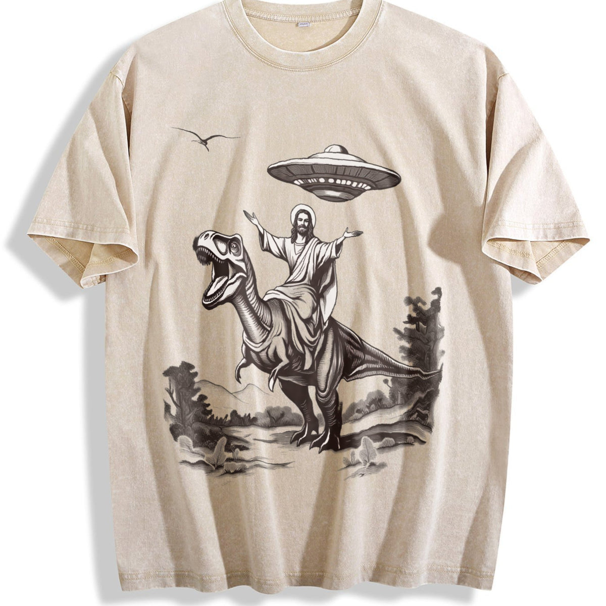 Jesus Riding Dinosaur Under UFO Funny Religious Vintage product image 1