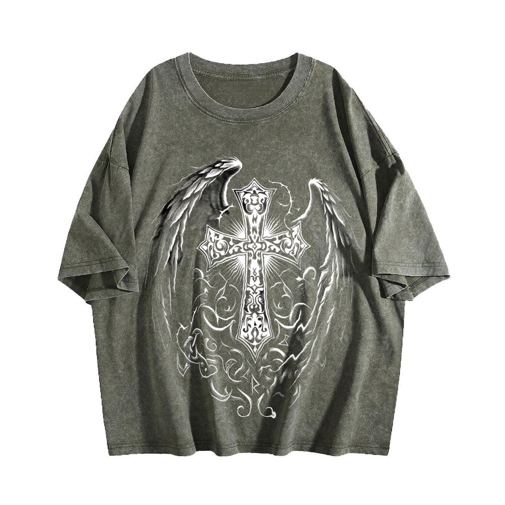 Ornate Silver Cross & Feathered Wings On A Sun-faded product image 4
