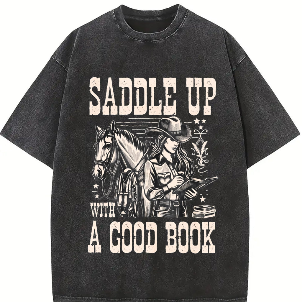 Cowgirl Saddle Up A Good Book Western Vintage Washed T-Shirt product image 2
