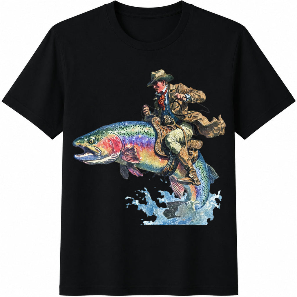 Cowboy Riding Rainbow Trout Cotton T-Shirt product image 1