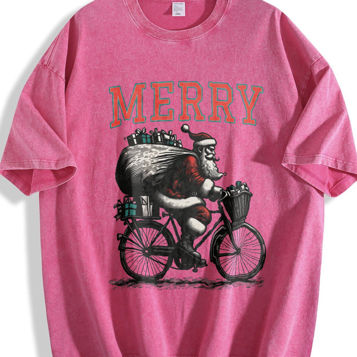 Merry Santa Riding Bike 90s Vintage Washed T-Shirt product image 7