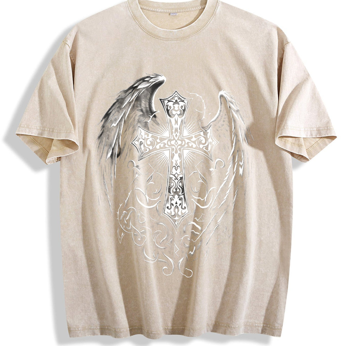 Ornate Silver Cross & Feathered Wings On A Sun-faded product image 1