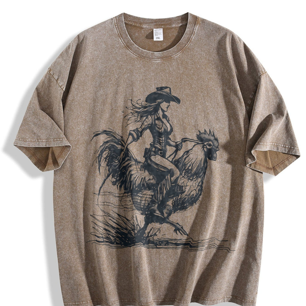 Funny Cowgirl Riding Chicken 90s Vintage Washed T-Shirt product image 3