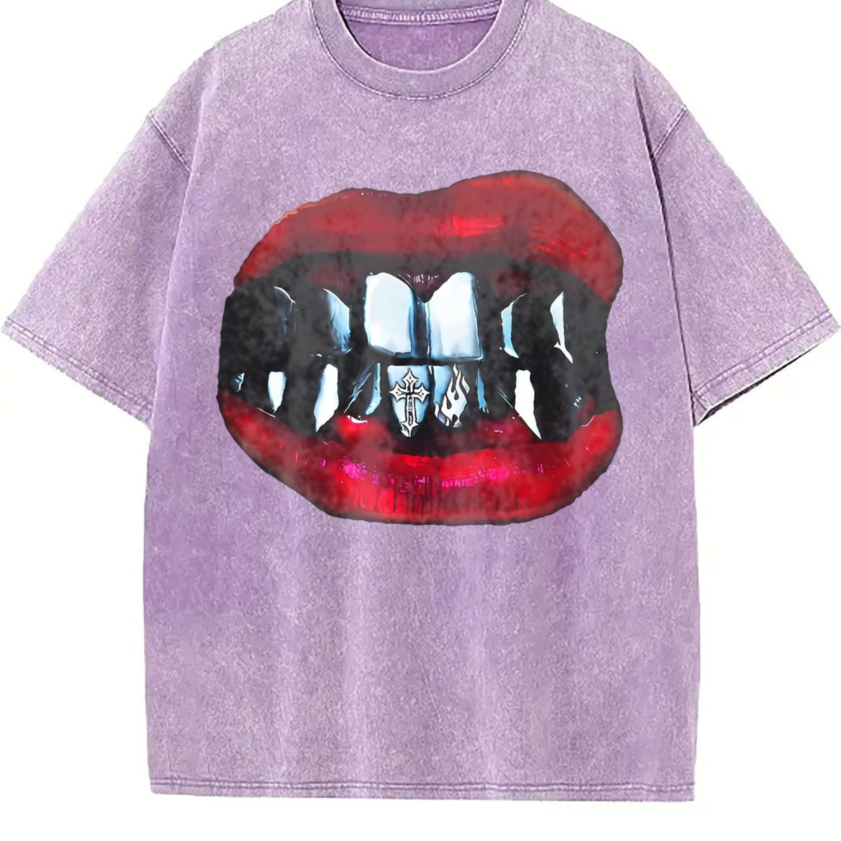 Gothic Vampire Lips Fangs Vintage Washed T-Shirt product image 6