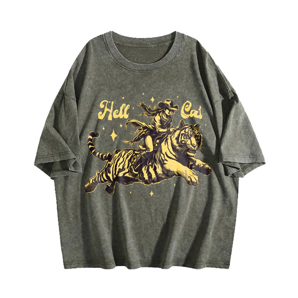 Hell Cat Cowgirl Riding Tiger Vintage Washed T-Shirt product image 4