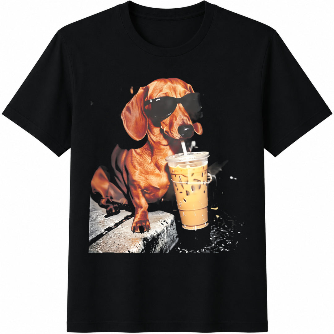Funny Dachshund Drinking Iced Coffee Cotton T-Shirt product image 1