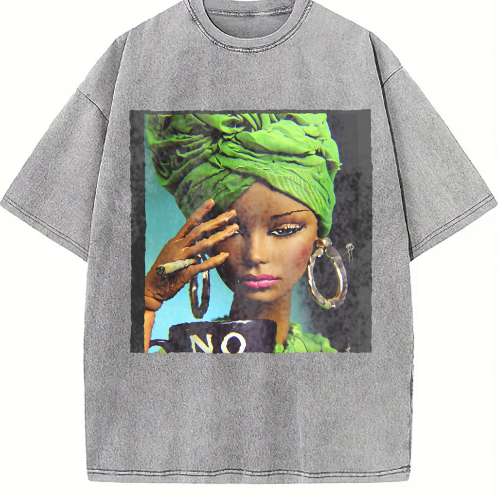 Sassy Doll with Green Head Wrap and No Mug Vintage Washed T-Shirt