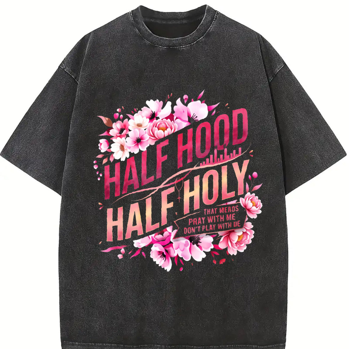 Half Hood Holy With Pink Floral Vintage Washed T-Shirt product image 2