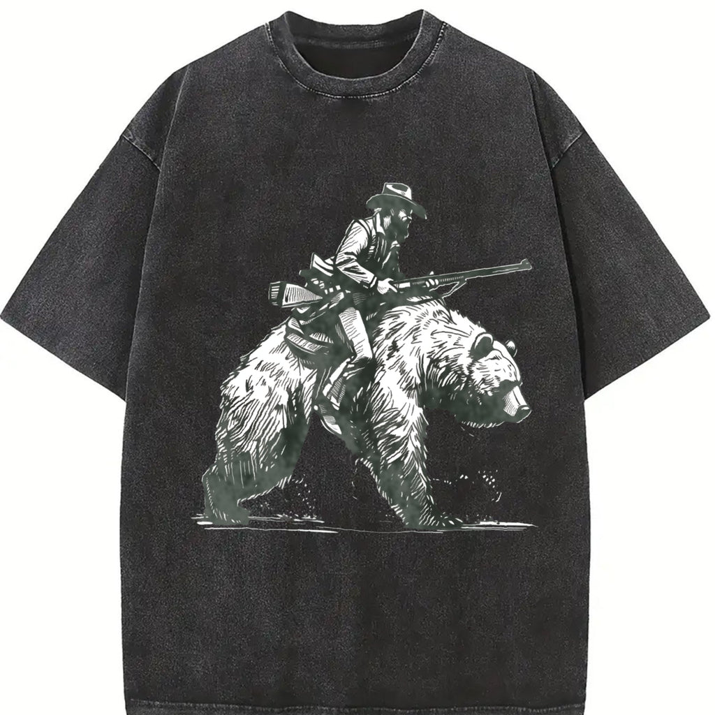 Lumberjack Cowboy Riding A Bear 90s Vintage Washed T-Shirt product image 2