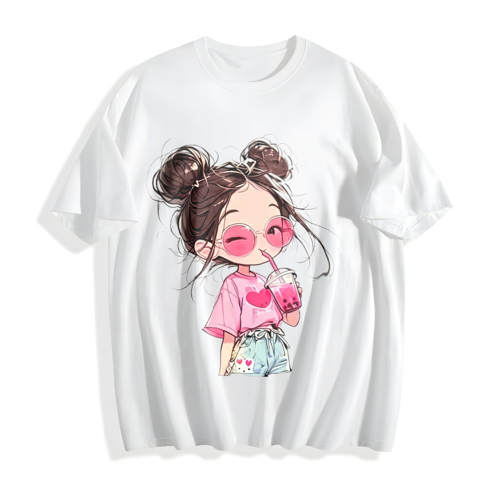 Messy Bun Girl with Pink Drink Cotton T-Shirt product image 2