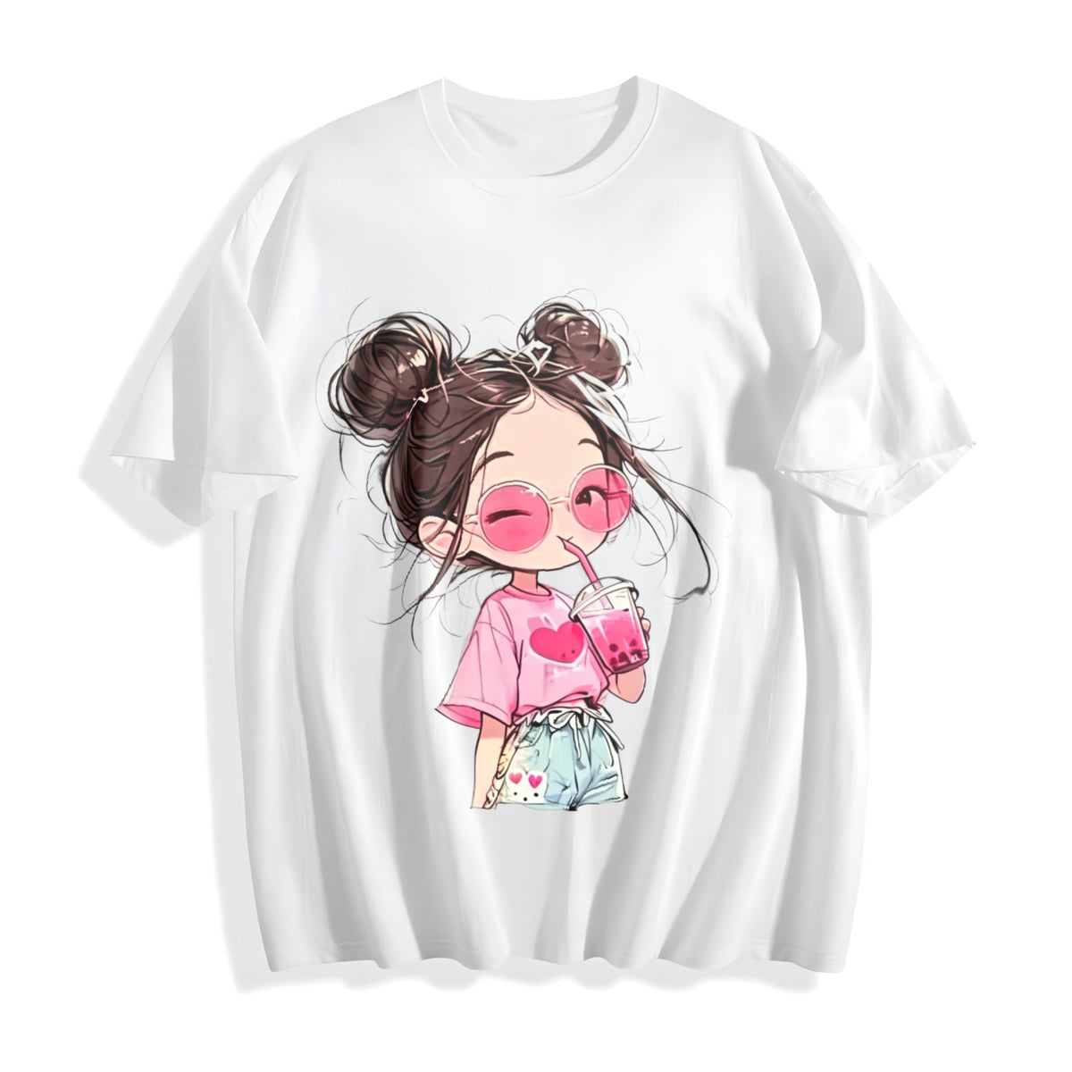Messy Bun Girl with Pink Drink Cotton T-Shirt product image 2