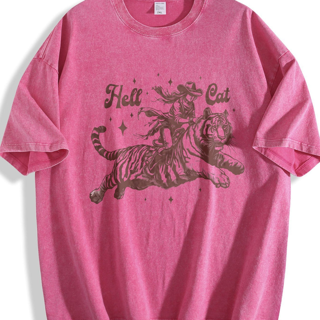 Hell Cat Cowgirl Riding Tiger Vintage Washed T-Shirt product image 7