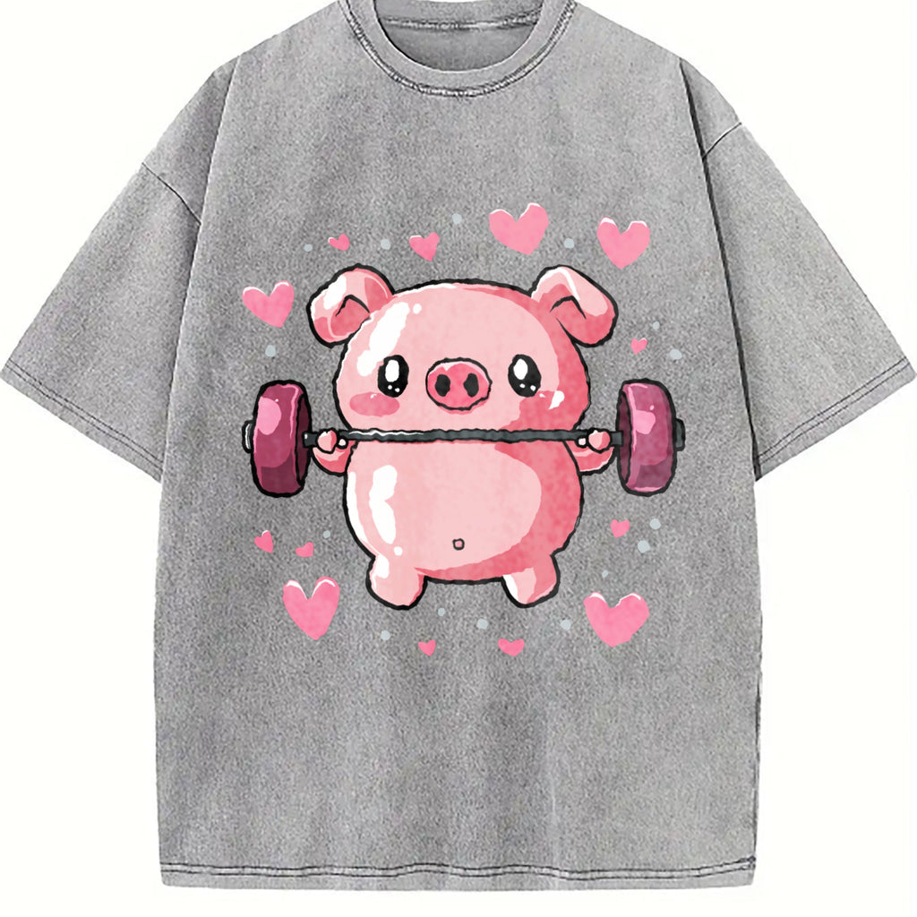 Cute Pig Lifting Barbell Heart Vintage Washed T-Shirt product image 5