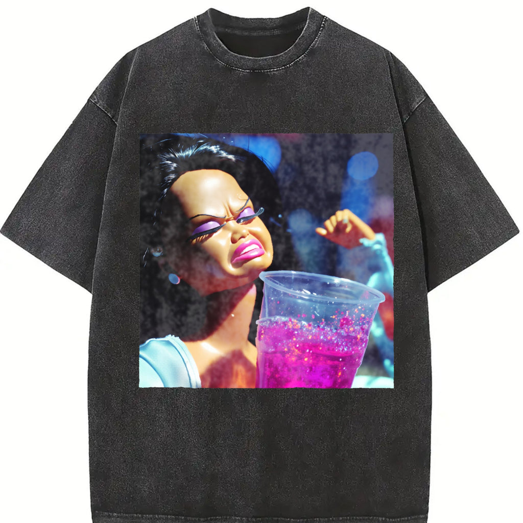 Grumpy Doll with Pink Drink Vintage Washed T-Shirt product image 2