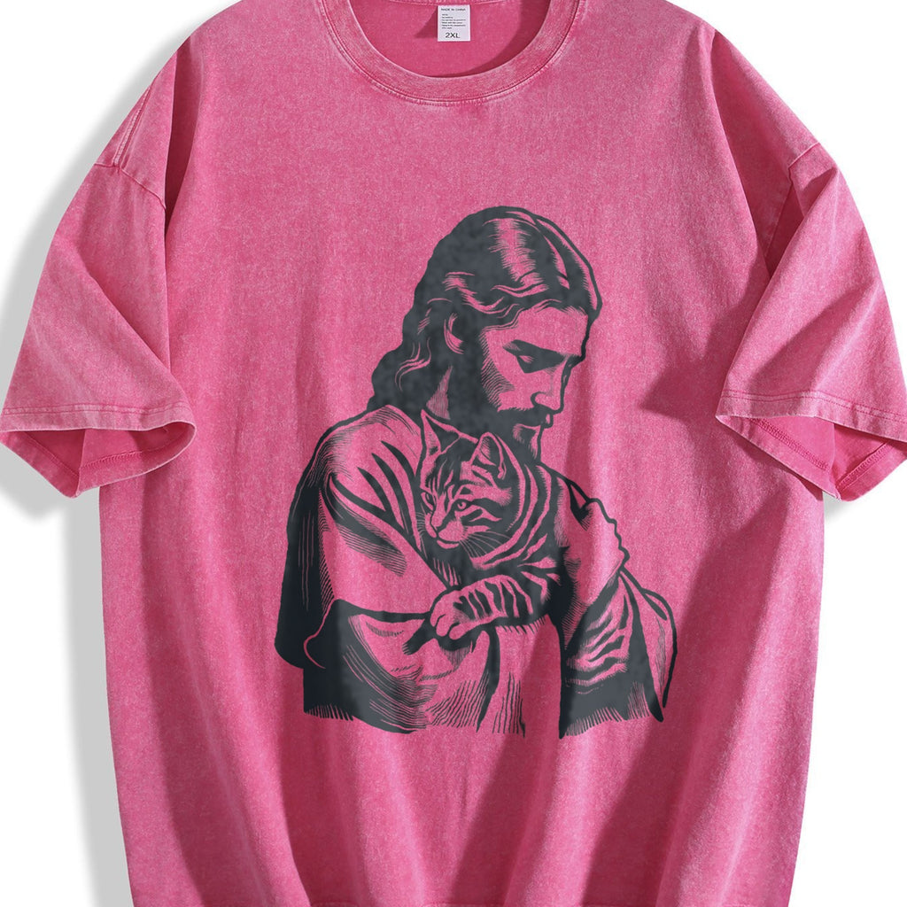 Religious Jesus Hugs Cat Christ Vintage Washed T-Shirt product image 7