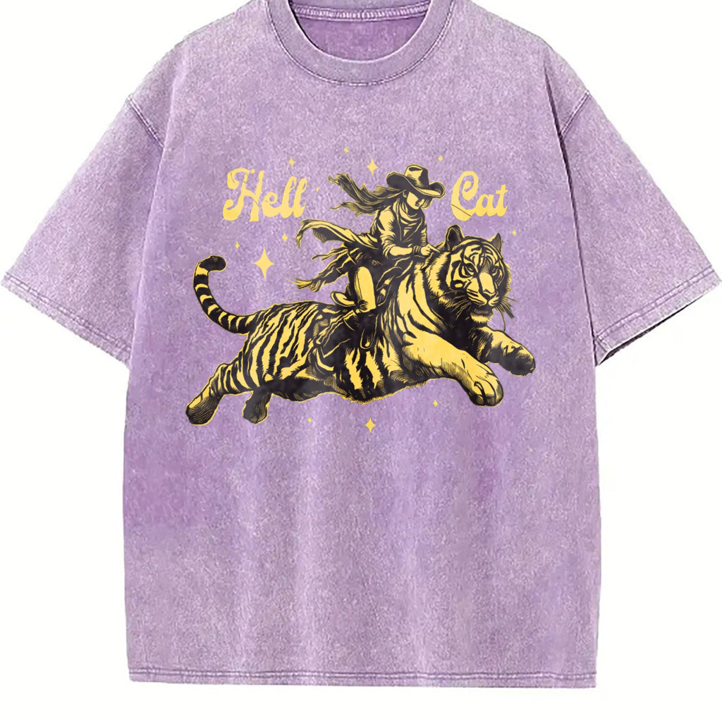 Hell Cat Cowgirl Riding Tiger Vintage Washed T-Shirt product image 6