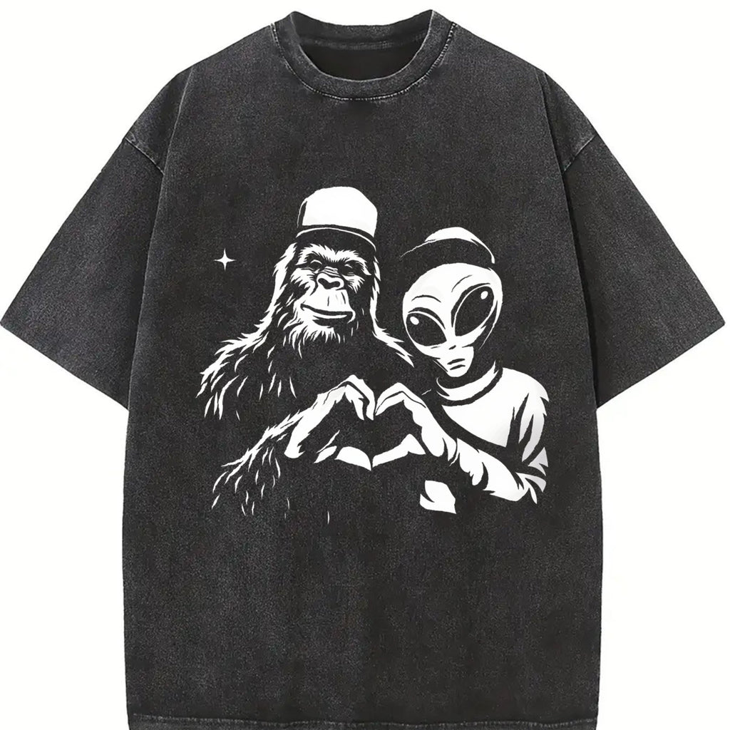 Bigfoot And Alien Heart Hands Funny Vintage Washed T-Shirt product image 2