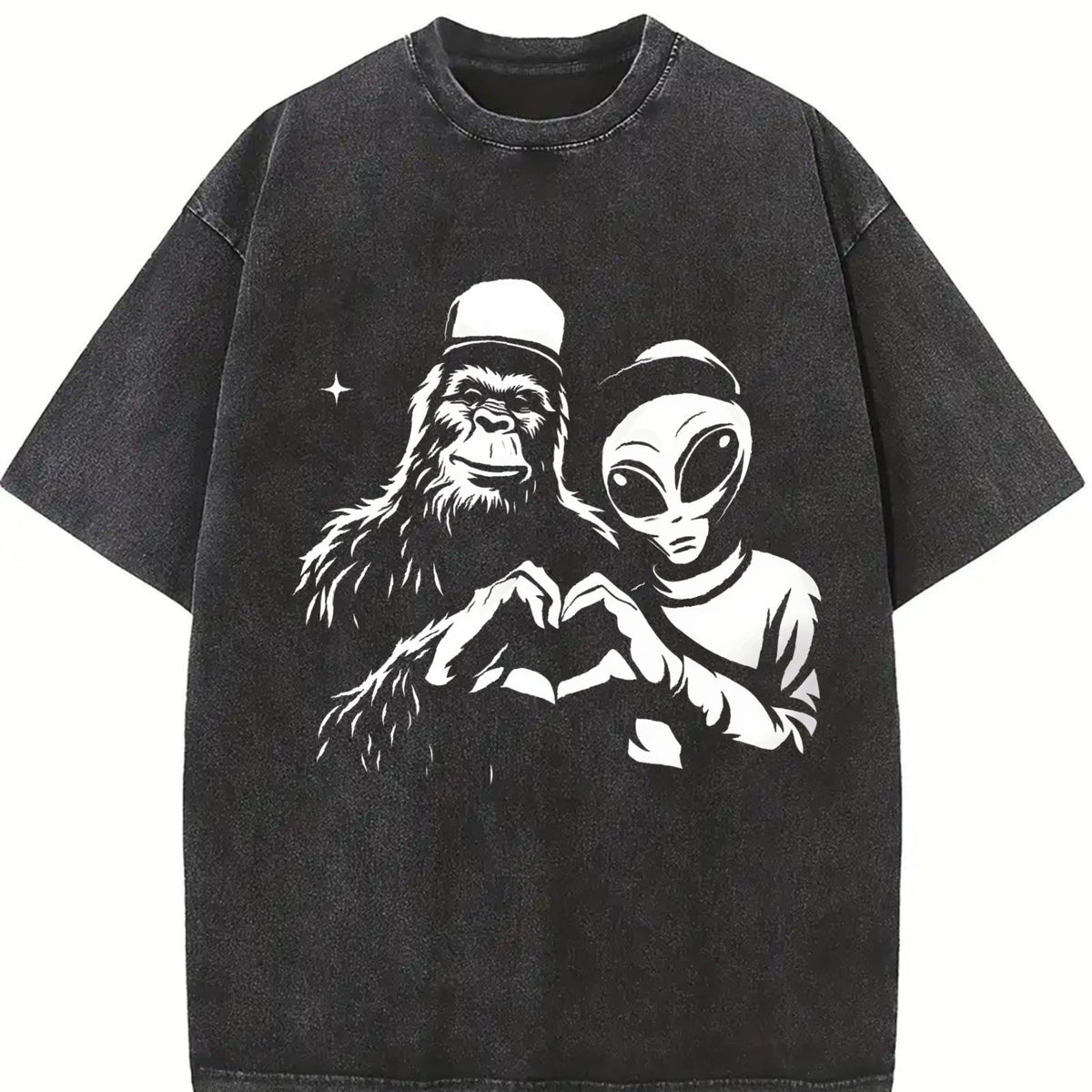 Bigfoot And Alien Heart Hands Funny Vintage Washed T-Shirt product image 2