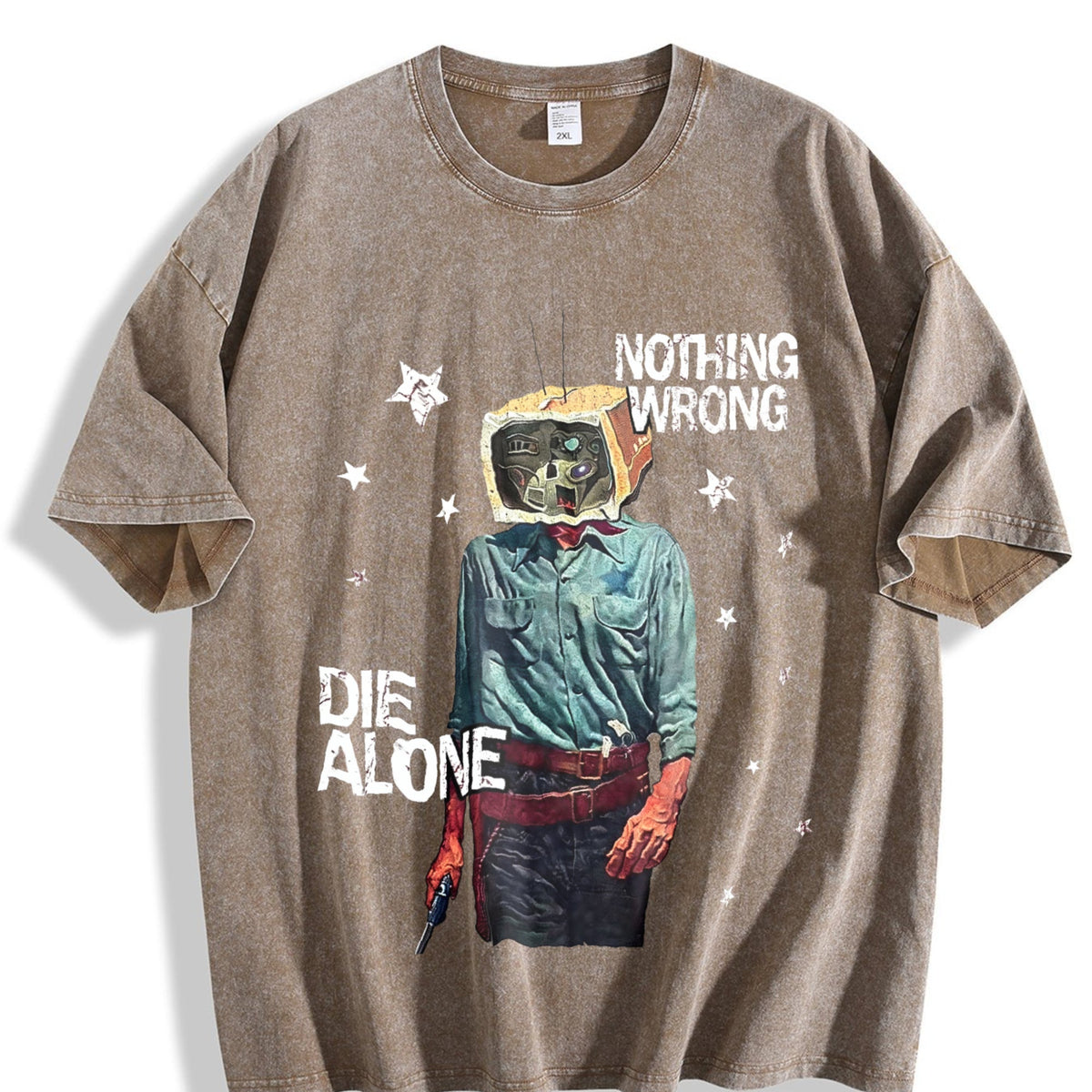 Tv Head Cowboy Die Alone White Grunge Vintage Washed T-Shirt product image 3