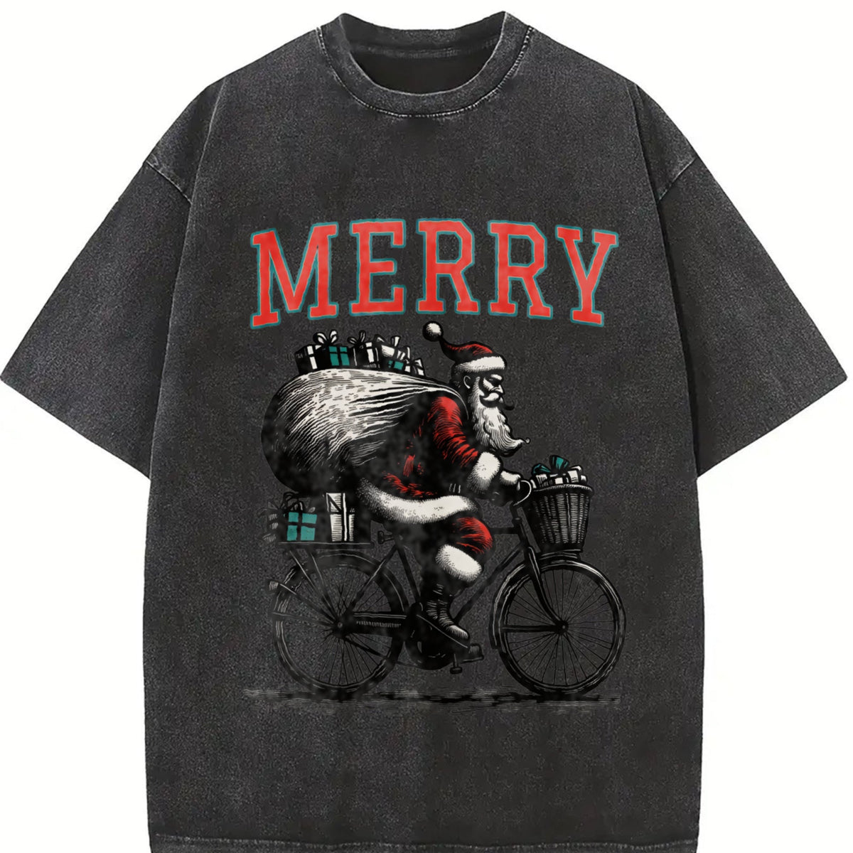 Merry Santa Riding Bike 90s Vintage Washed T-Shirt product image 2