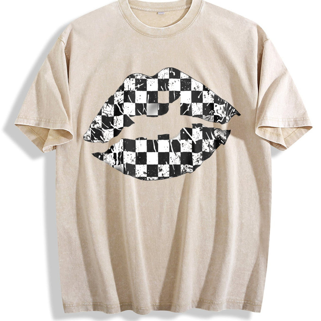 Black And White Checkered Lips Summer Vintage Washed T-Shirt product image 1