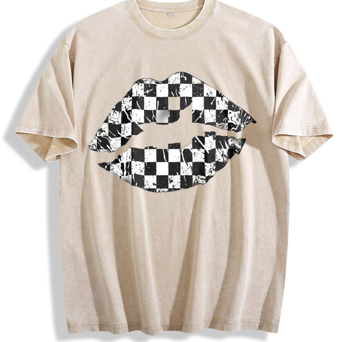 Black And White Checkered Lips Summer Vintage Washed T-Shirt product image 1