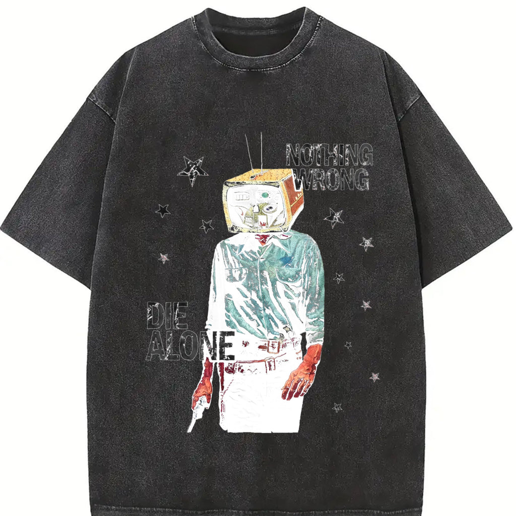 Tv Head Cowboy Die Alone White Grunge Vintage Washed T-Shirt product image 2