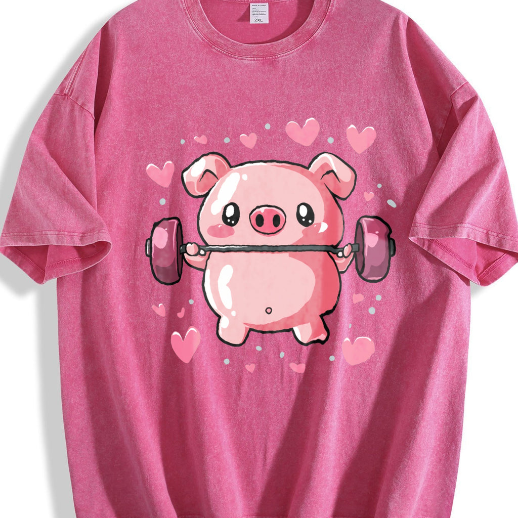 Cute Pig Lifting Barbell Heart Vintage Washed T-Shirt product image 7