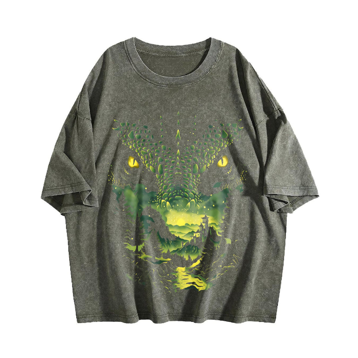 Green and White Dragon Portrait Vintage Washed T-Shirt product image 4