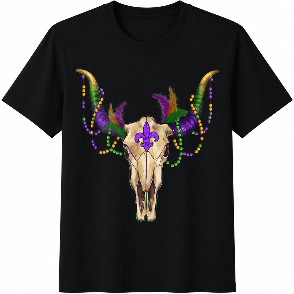 Mardi Gras Bull Skull Cotton T-Shirt product image 1