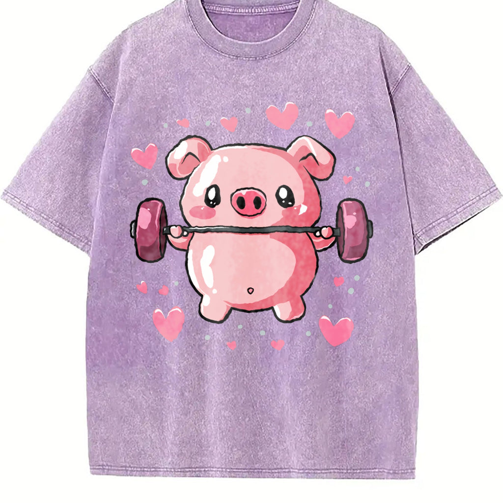 Cute Pig Lifting Barbell Heart Vintage Washed T-Shirt product image 6