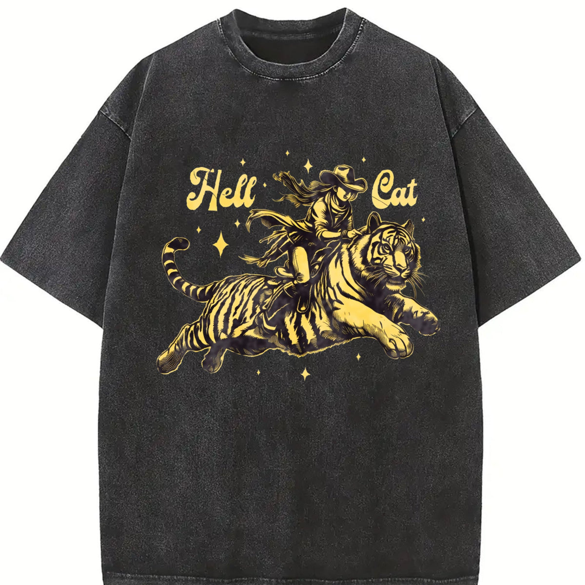 Hell Cat Cowgirl Riding Tiger Vintage Washed T-Shirt product image 2