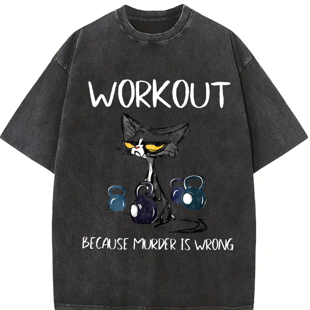 Humorous Cat & Dumbbell Vintage Washed T-Shirt product image 2